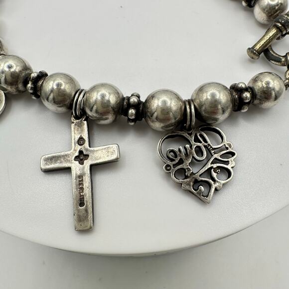 Vintage 925 sterling silver beaded crosses hearts charms bracelet 29g - Picture 5 of 8